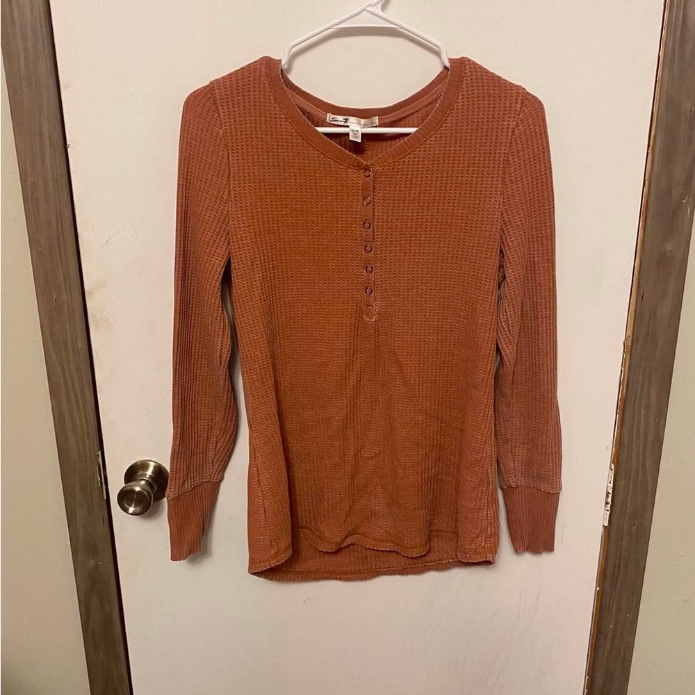 Seven7 Waffle Henley Long Sleeve Top - Rust Orange